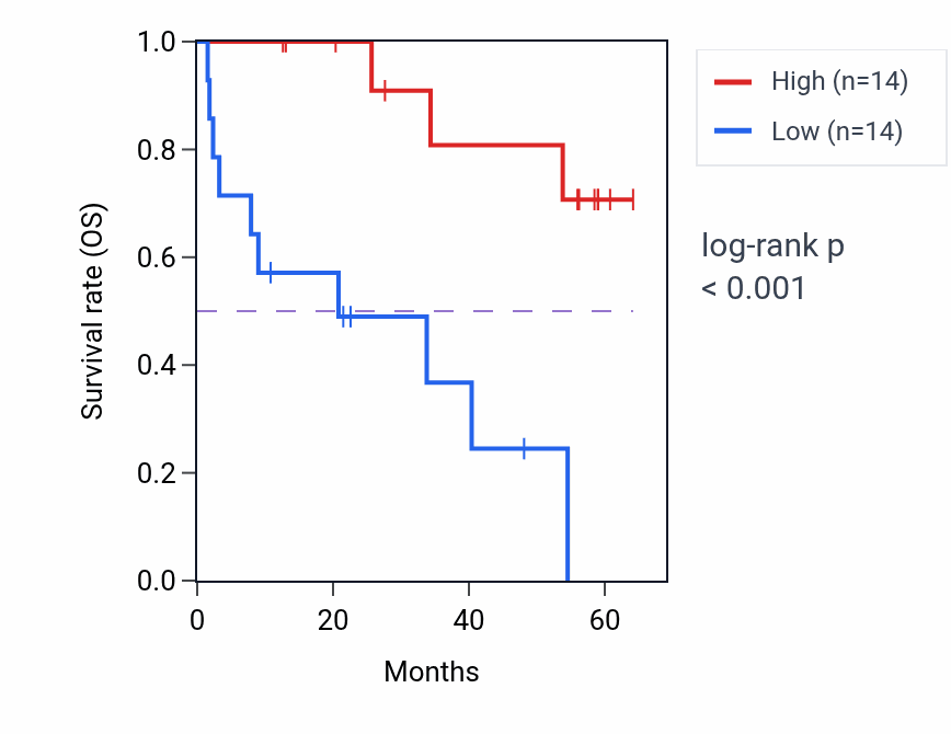 Kaplan&ndash;Meier survival curve for ZZEF1 mass-spec protein-high vs -low samples in CCRCC.