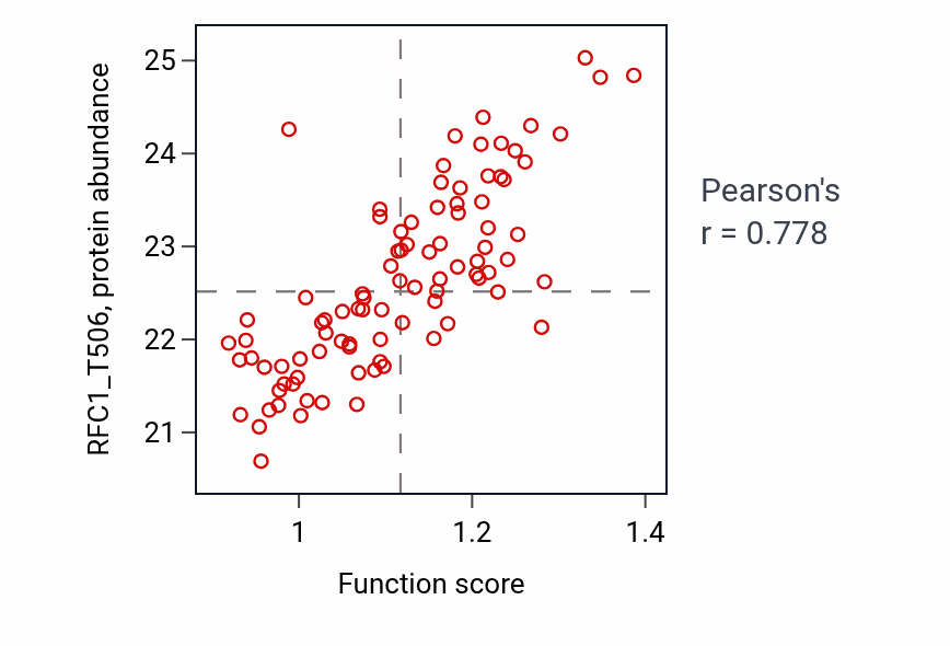 Per-sample scatter of DNA replication checkpoint signaling activity vs RFC1_T506 in LUAD.