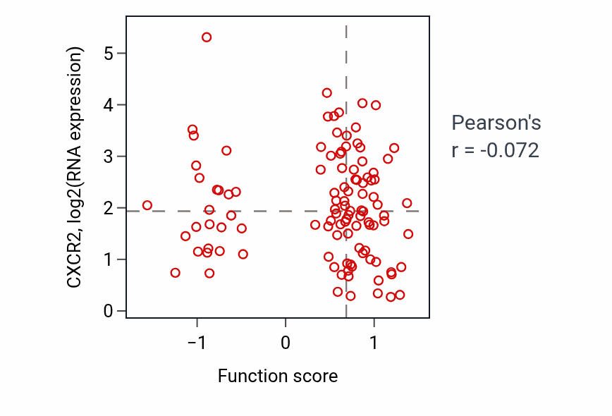 Per-sample scatter of Meiotic spindle organization activity vs CXCR2 in LSCC.