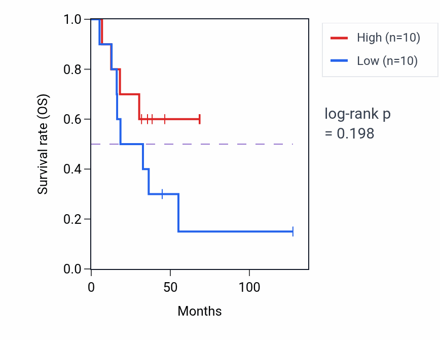 Kaplan&ndash;Meier survival curve for Polysaccharide catabolic process pathway activity in ACC: high vs low activity groups.