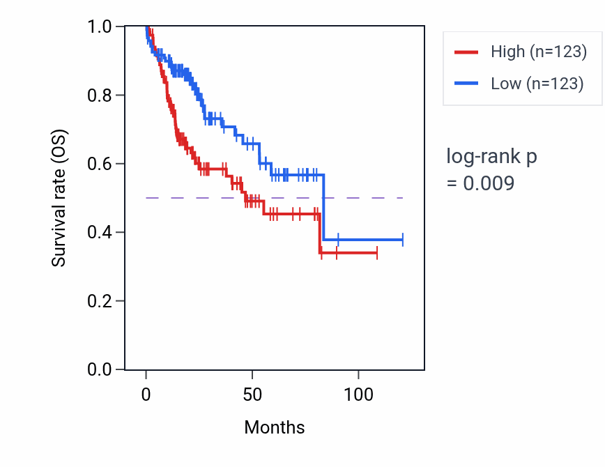 Kaplan&ndash;Meier survival curve for mRNA 3'-splice site recognition pathway activity in LIHC: high vs low activity groups.