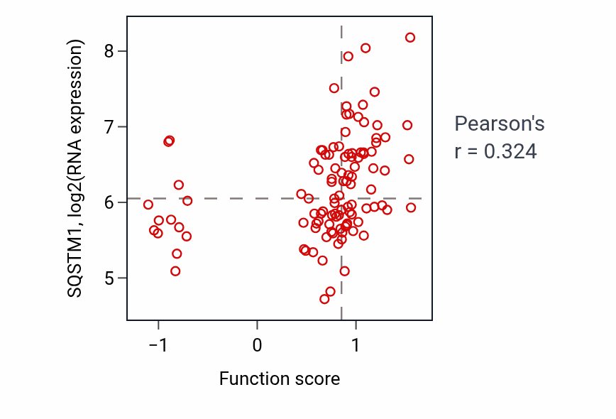 Per-sample scatter of Pexophagy activity vs SQSTM1 in LSCC.