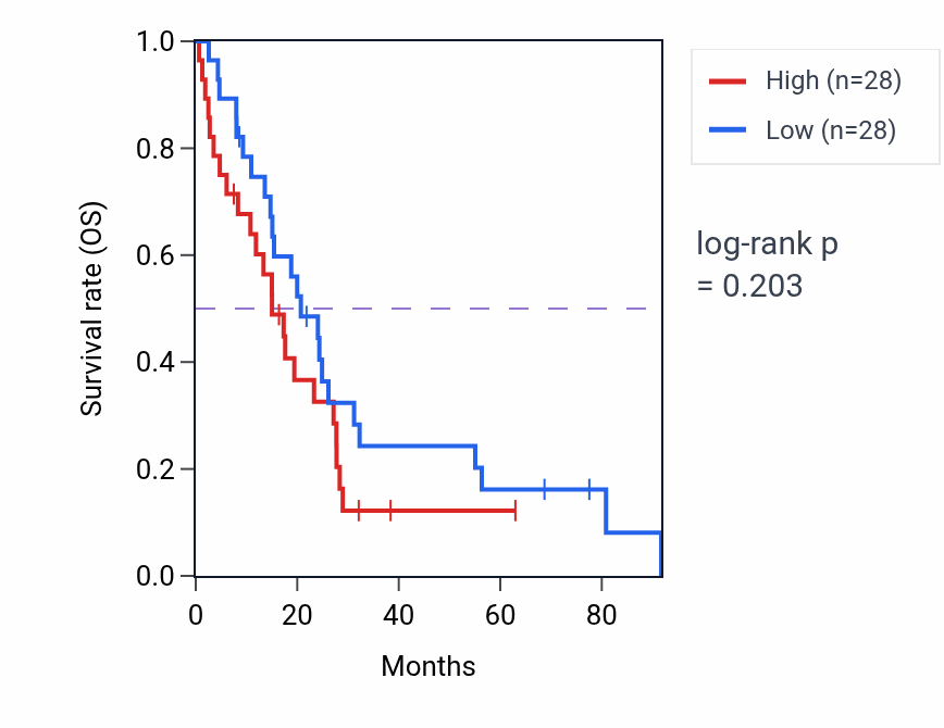 Kaplan&ndash;Meier survival curve for DNA double-strand break processing pathway activity in MESO: high vs low activity groups.