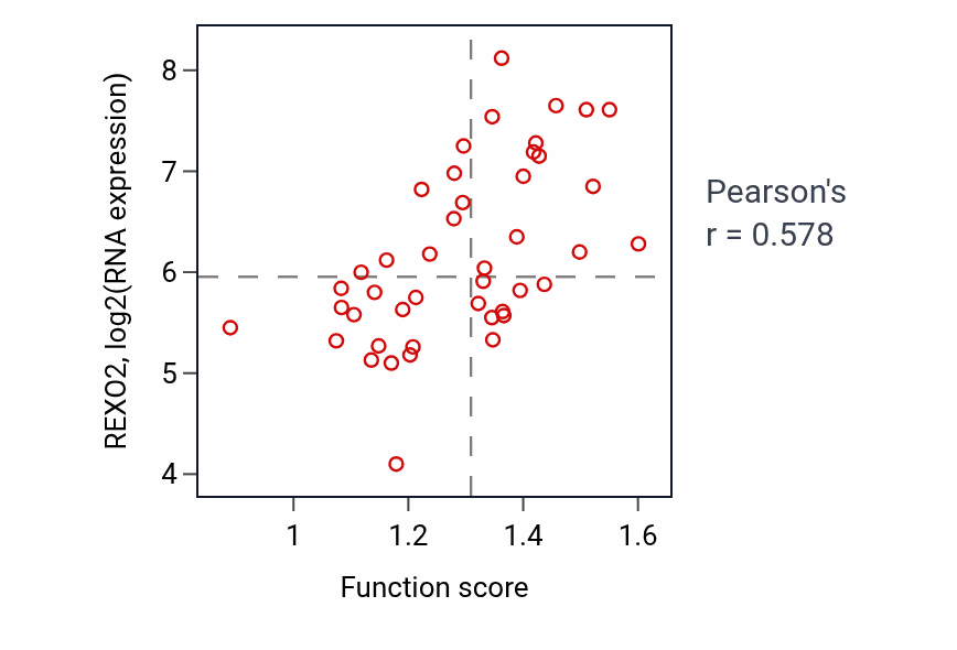 Per-sample scatter of Mitochondrial RNA catabolic process activity vs REXO2 in BREAST.