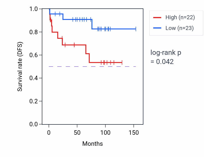 Kaplan&ndash;Meier survival curve for Mitochondrial RNA catabolic process pathway activity in KICH: high vs low activity groups.