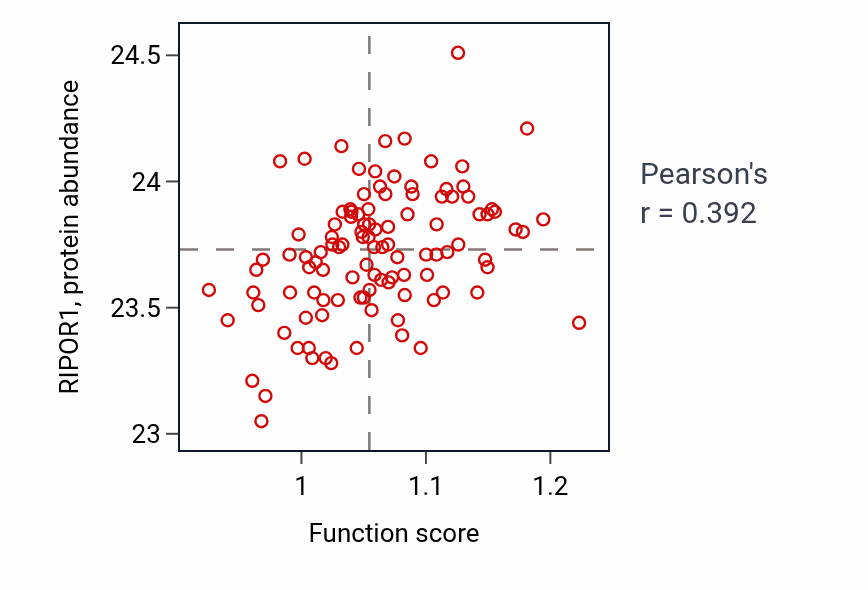 Per-sample scatter of Guanine nucleotide transport activity vs RIPOR1 in LSCC.