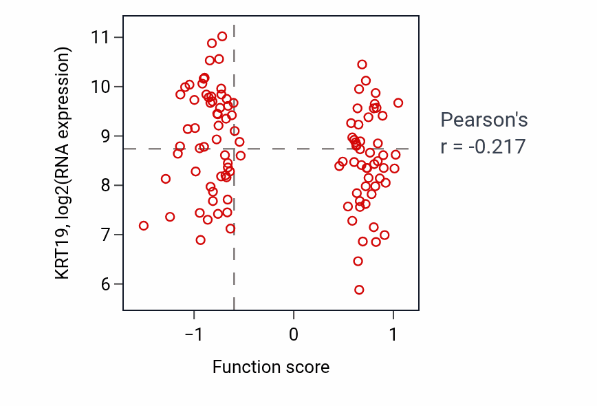 Per-sample scatter of Branching involved in blood vessel morphogenesis activity vs KRT19 in LUAD.