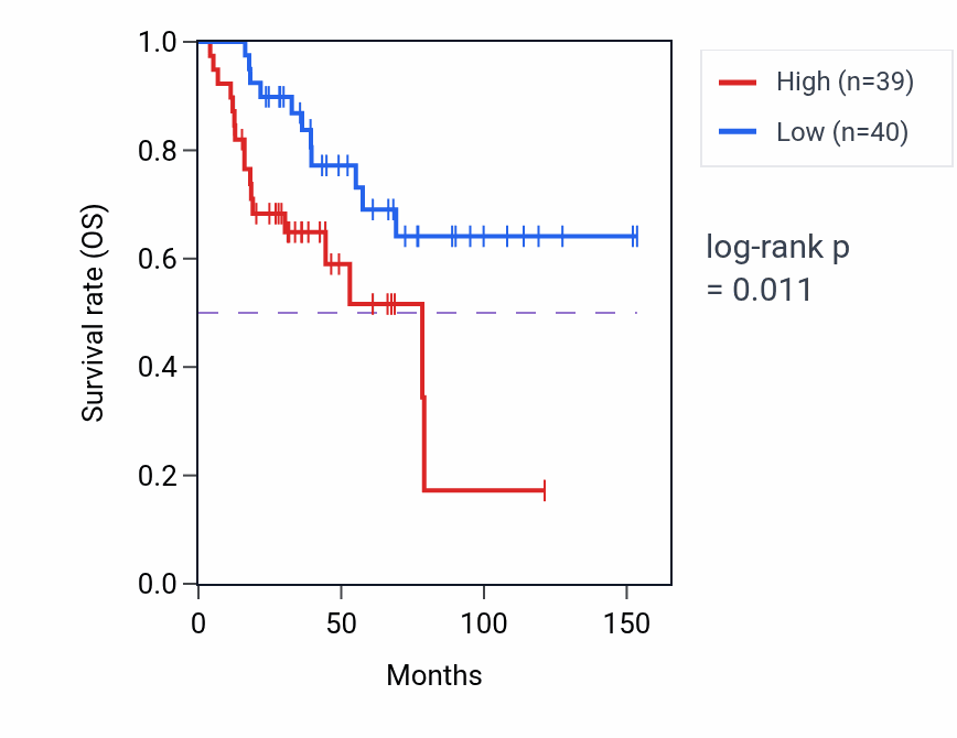 Kaplan&ndash;Meier survival curve for Neuron migration pathway activity in ACC: high vs low activity groups.