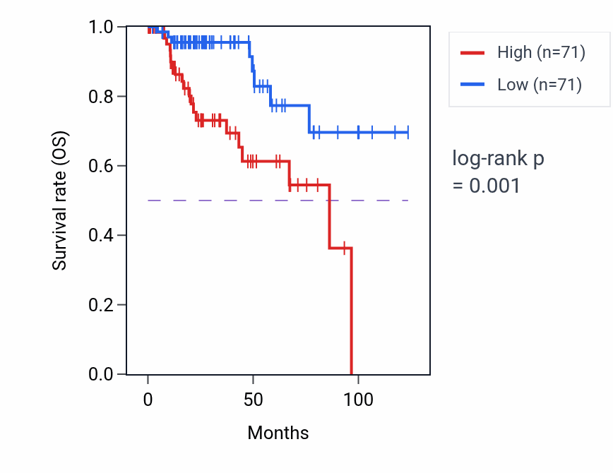 Kaplan&ndash;Meier survival curve for Endothelial cell proliferation pathway activity in KIRP: high vs low activity groups.