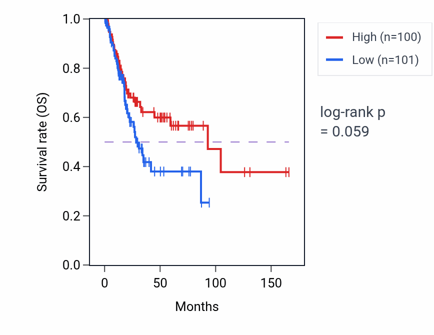 Kaplan&ndash;Meier survival curve for Response to molecule of fungal origin pathway activity in BLCA: high vs low activity groups.