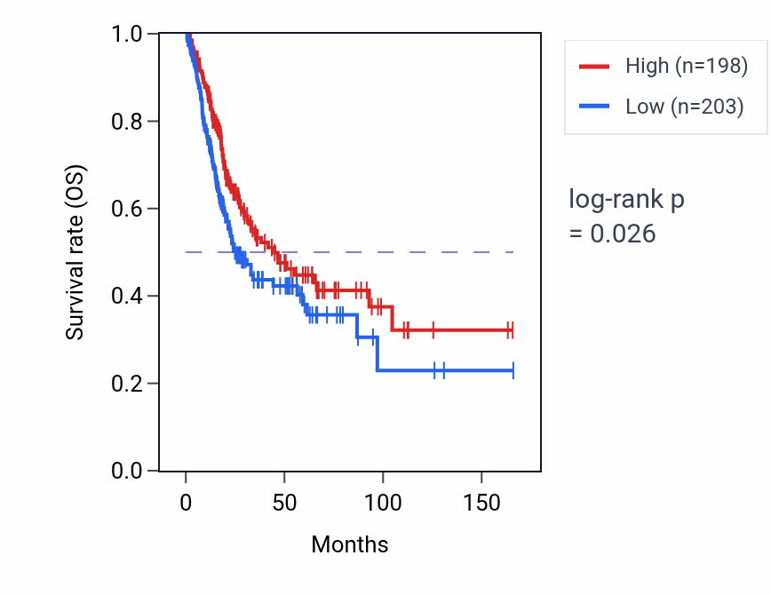 Kaplan&ndash;Meier survival curve for Positive regulation of peptide secretion pathway activity in BLCA: high vs low activity groups.