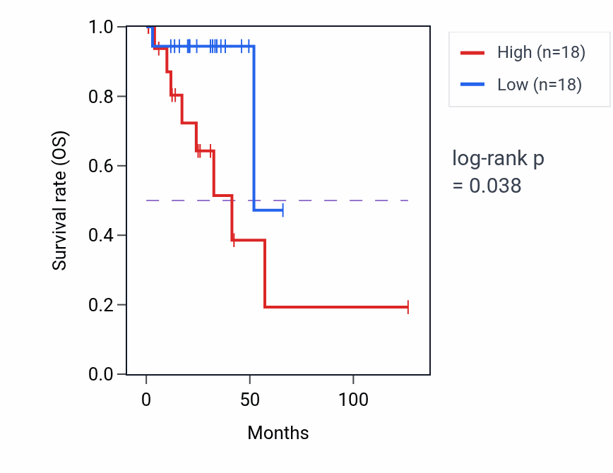 Kaplan&ndash;Meier survival curve for Heart process pathway activity in READ: high vs low activity groups.