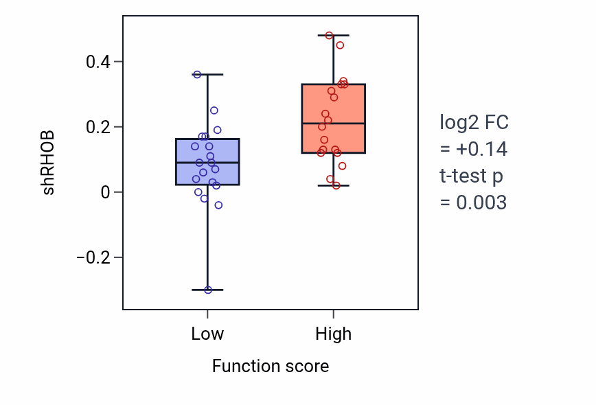 Box plot of RHOB in Endothelium development-low vs -high samples in OVARY.
