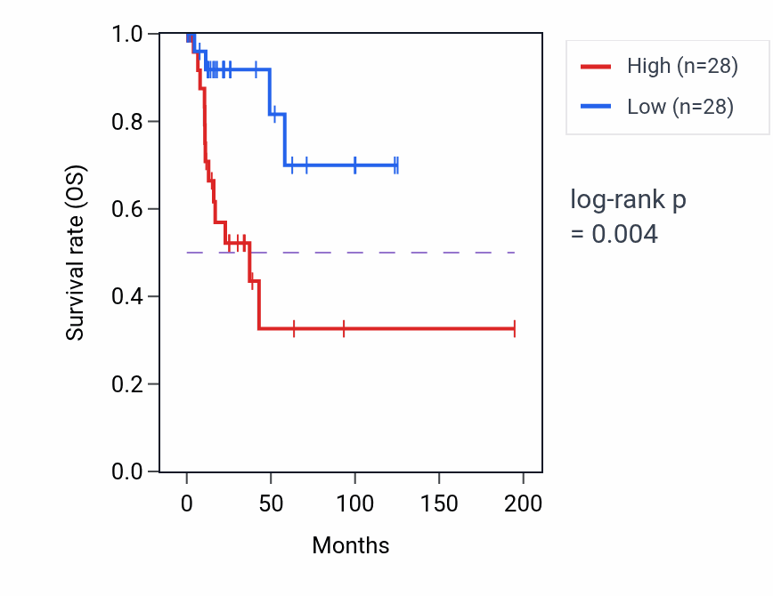Kaplan&ndash;Meier survival curve for Heart valve development pathway activity in KIRP: high vs low activity groups.