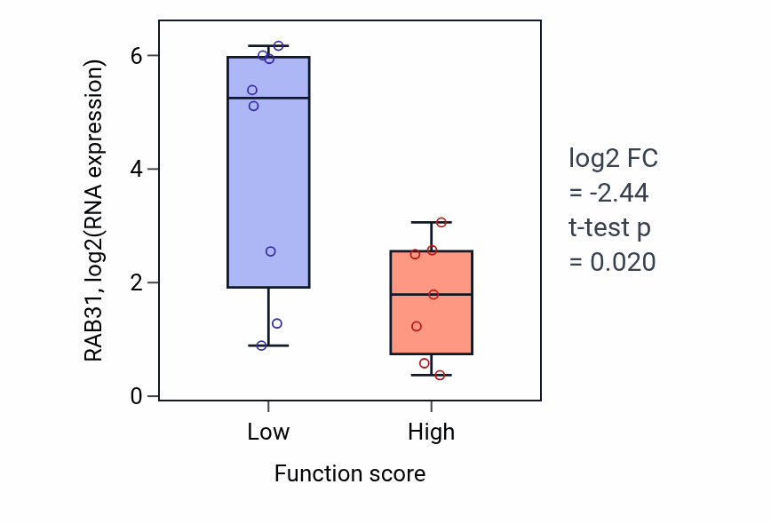 Box plot of RAB31 in Cardiac chamber morphogenesis-low vs -high samples in BONE.