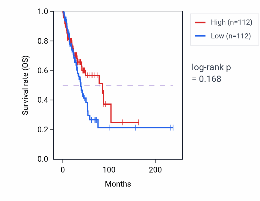 Kaplan&ndash;Meier survival curve for Cardiac left ventricle morphogenesis pathway activity in LUAD: high vs low activity groups.