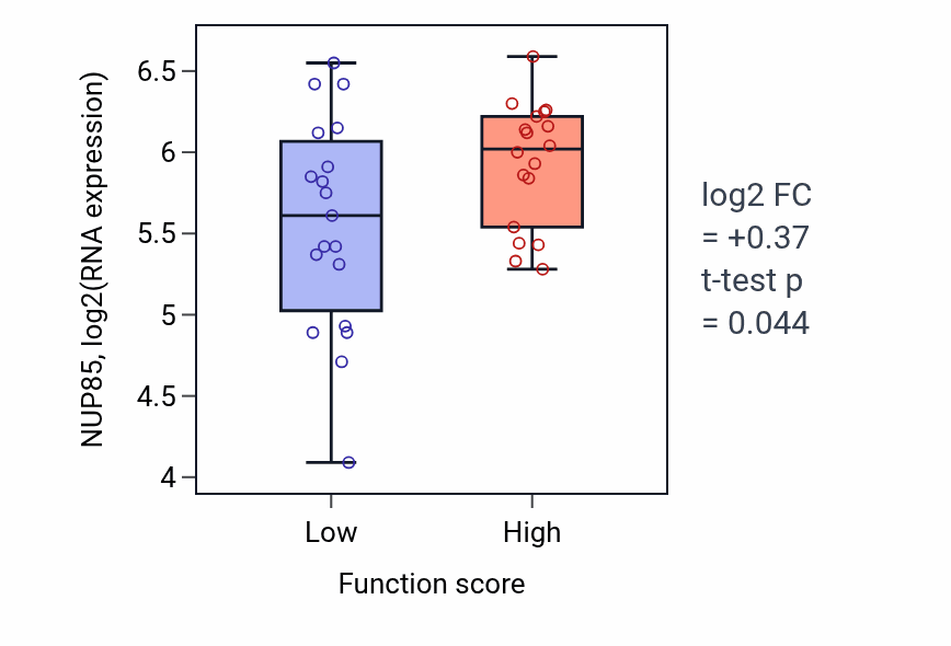 Box plot of NUP85 in Ventricular compact myocardium morphogenesis-low vs -high samples in OVARY.