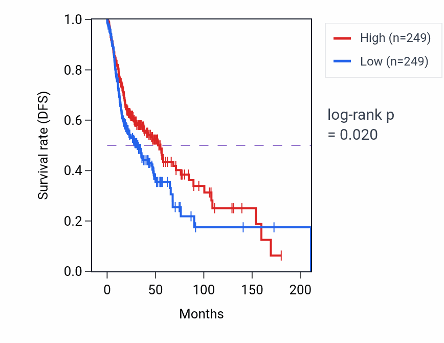 Kaplan&ndash;Meier survival curve for Muscle hypertrophy in response to stress pathway activity in HNSC: high vs low activity groups.