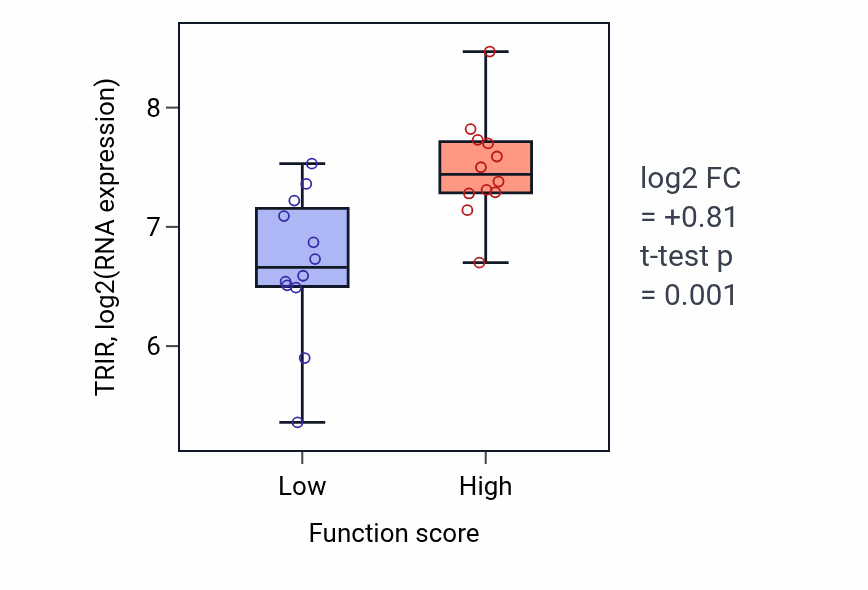 Box plot of TRIR in Positive regulation of blood pressure by epinephrine-norepinephrine-low vs -high samples in STOMACH.