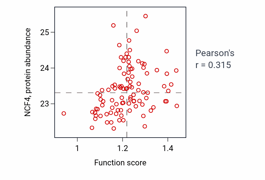 Per-sample scatter of Regulation of extracellular matrix constituent secretion activity vs NCF4 in GBM.