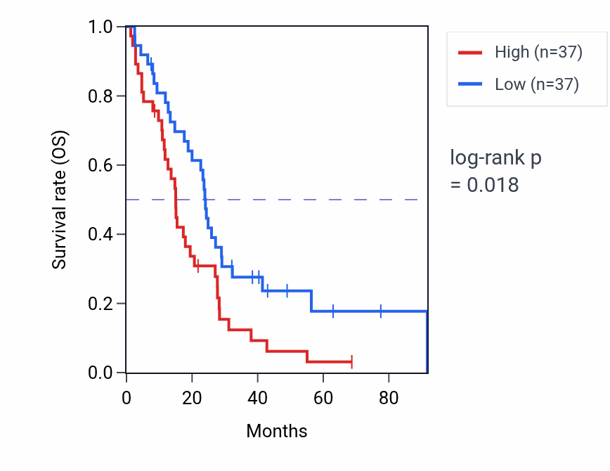 Kaplan&ndash;Meier survival curve for Epithelial cell morphogenesis pathway activity in MESO: high vs low activity groups.