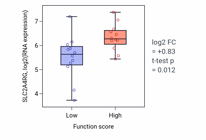 Box plot of SLC2A4RG in Lactate metabolic process-low vs -high samples in STOMACH.