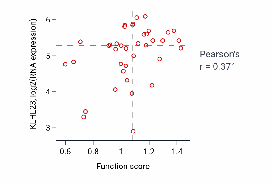 Per-sample scatter of Pyrimidine nucleobase metabolic process activity vs KLHL23 in LUNG_SCLC.