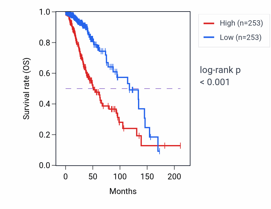 Kaplan&ndash;Meier survival curve for Pyrimidine nucleobase metabolic process pathway activity in LGG: high vs low activity groups.