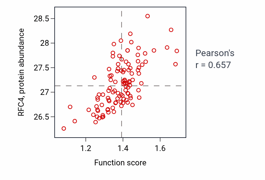 Per-sample scatter of DNA strand elongation involved in DNA replication activity vs RFC4 in LSCC.