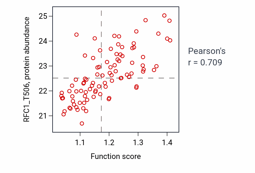 Per-sample scatter of DNA replication-dependent chromatin assembly activity vs RFC1_T506 in LUAD.