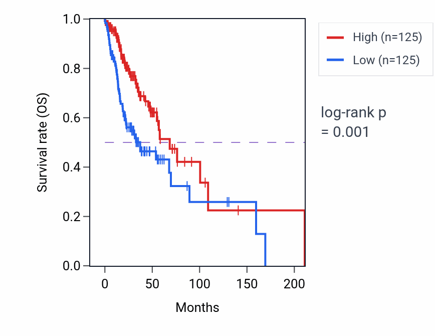 Kaplan&ndash;Meier survival curve for Termination of RNA polymerase II transcription pathway activity in HNSC: high vs low activity groups.