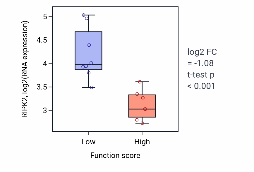 Box plot of RIPK2 in RNA export from nucleus-low vs -high samples in BONE.