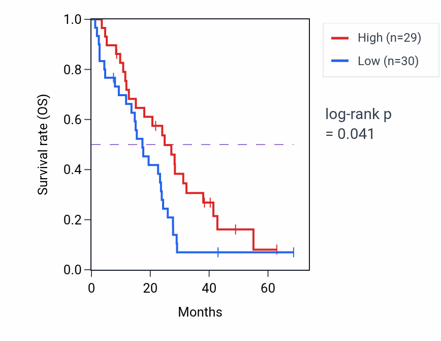 Kaplan&ndash;Meier survival curve for Protein sulfation pathway activity in MESO: high vs low activity groups.