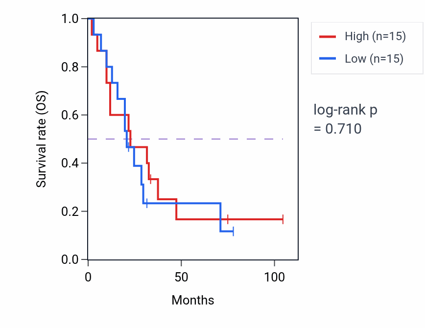 Kaplan&ndash;Meier survival curve for Cellular modified amino acid metabolic process pathway activity in SCLC: high vs low activity groups.