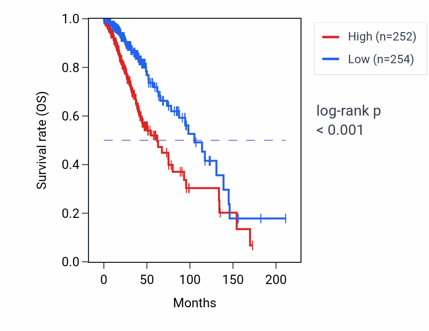 Kaplan&ndash;Meier survival curve for Polyamine biosynthetic process pathway activity in LGG: high vs low activity groups.