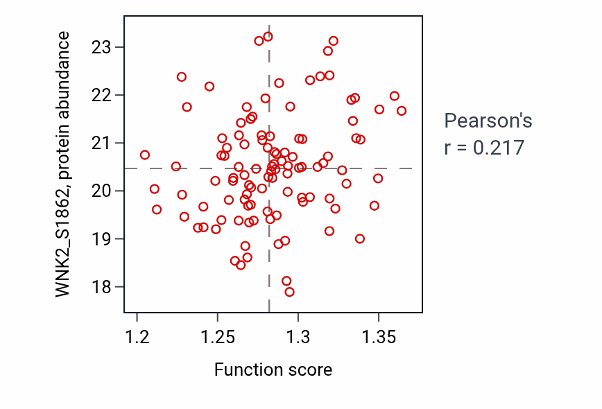 Per-sample scatter of Protein targeting to membrane activity vs WNK2_S1862 in LUAD.