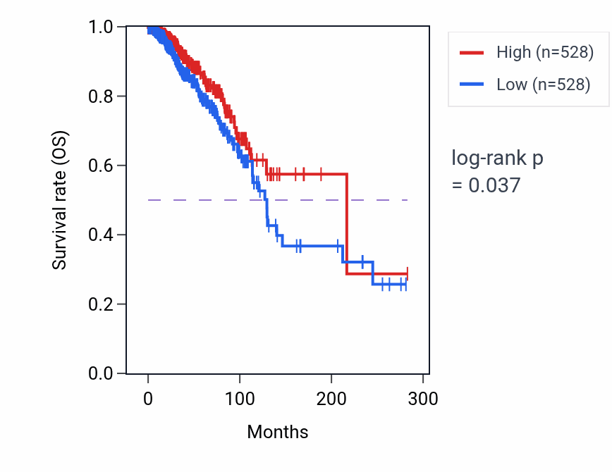 Kaplan&ndash;Meier survival curve for Phosphatidylethanolamine biosynthetic process pathway activity in BRCA: high vs low activity groups.
