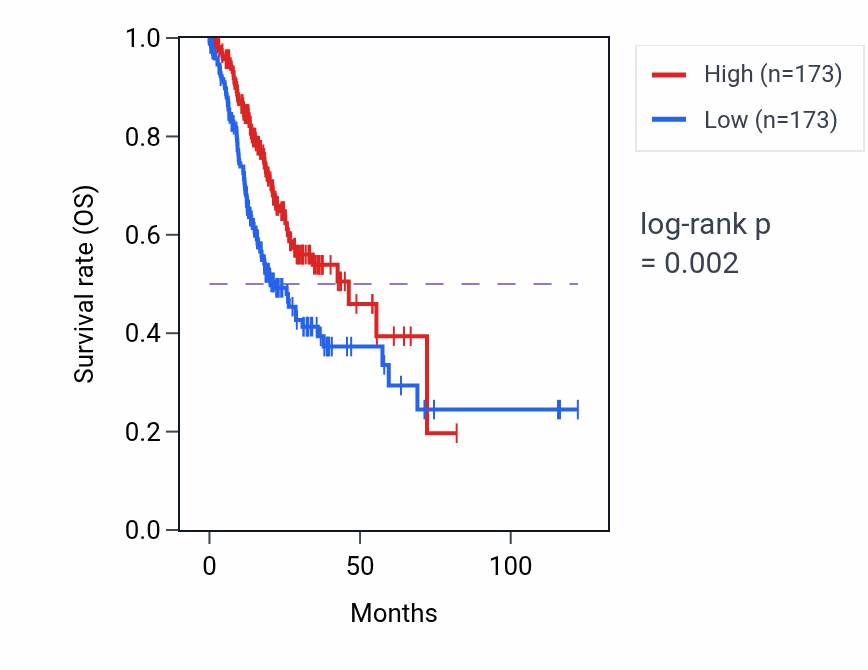 Kaplan&ndash;Meier survival curve for Riboflavin metabolic process pathway activity in STAD: high vs low activity groups.