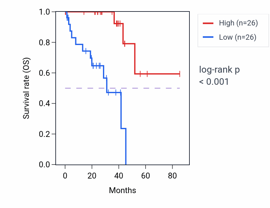 Kaplan&ndash;Meier survival curve for Potassium ion transport pathway activity in UVM: high vs low activity groups.