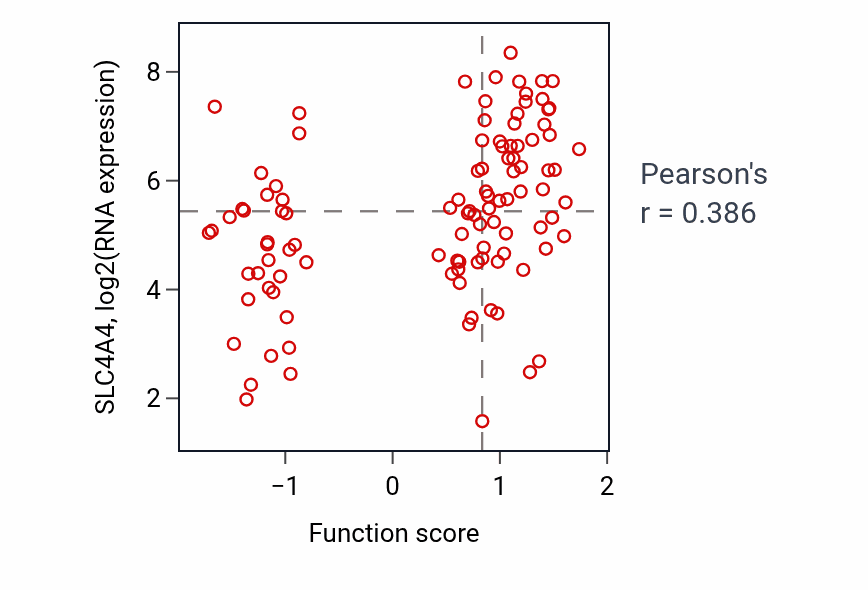 Per-sample scatter of Monoatomic anion transport activity vs SLC4A4 in PDAC.