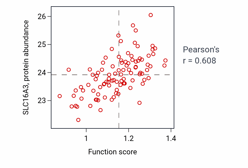 Per-sample scatter of Pyruvate transport activity vs SLC16A3 in GBM.