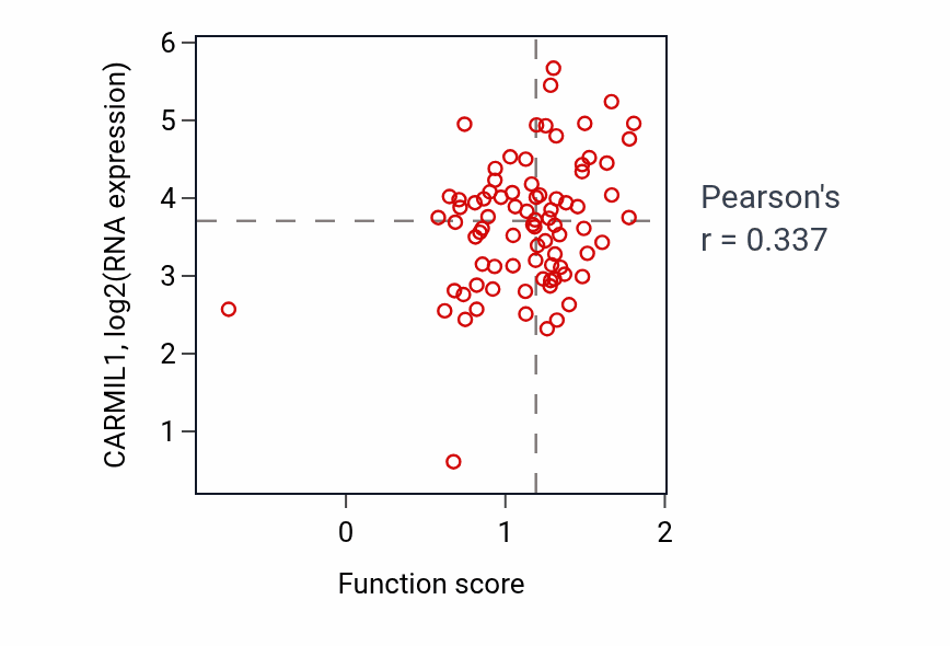 Per-sample scatter of Pinocytosis activity vs CARMIL1 in OV.