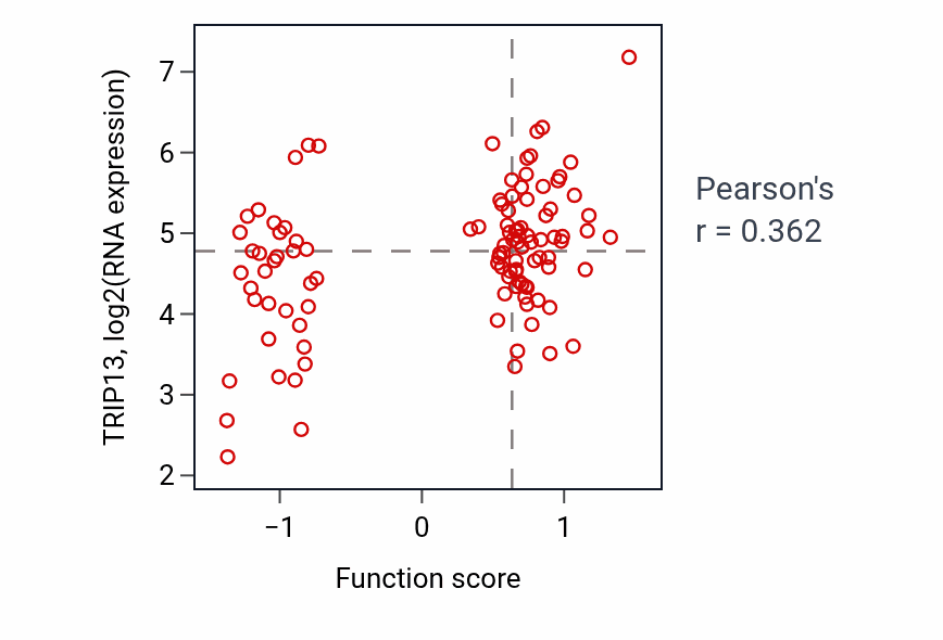 Per-sample scatter of Nuclear pore organization activity vs TRIP13 in LSCC.