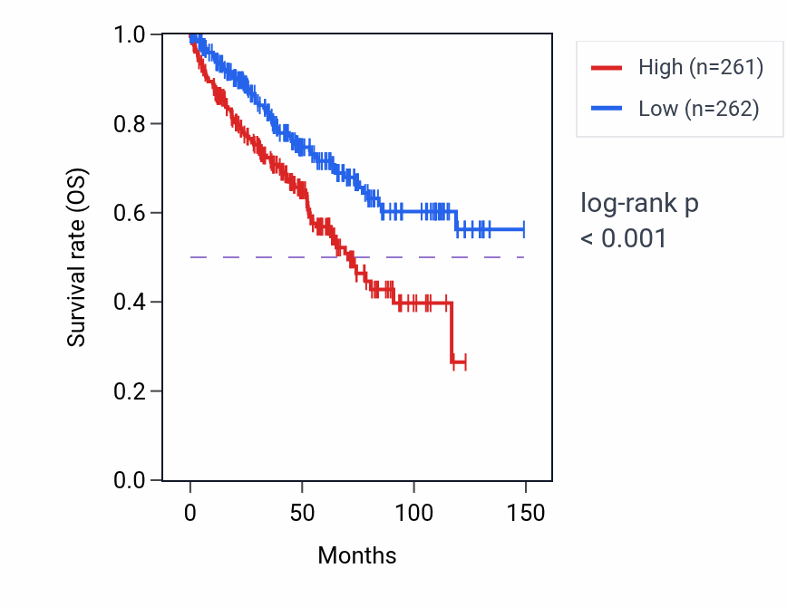 Kaplan&ndash;Meier survival curve for Outer mitochondrial membrane organization pathway activity in KIRC: high vs low activity groups.