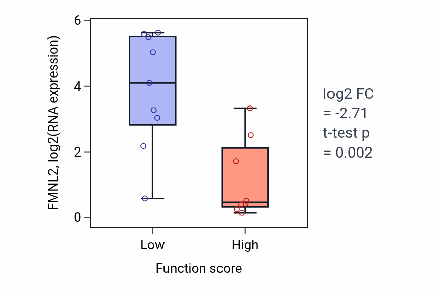 Box plot of FMNL2 in Cytoplasm organization-low vs -high samples in BLOOD_Leukemia.