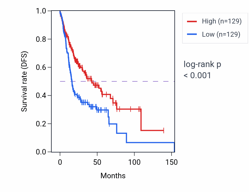 Kaplan&ndash;Meier survival curve for Vacuole organization pathway activity in HNSC: high vs low activity groups.