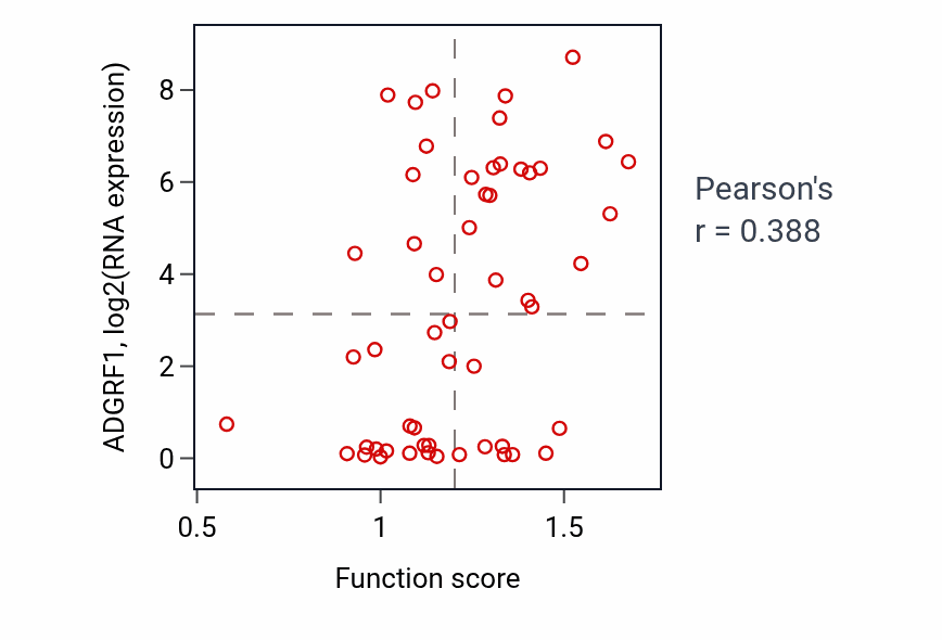 Per-sample scatter of Cell-cell junction assembly activity vs ADGRF1 in LUNG_NSCLC_LUAD.