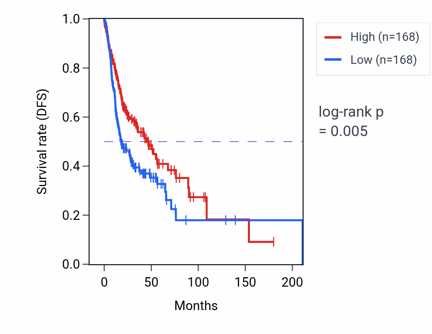 Kaplan&ndash;Meier survival curve for Cell-cell junction assembly pathway activity in HNSC: high vs low activity groups.