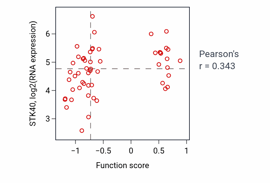 Per-sample scatter of JNK cascade activity vs STK40 in BLOOD_Leukemia.