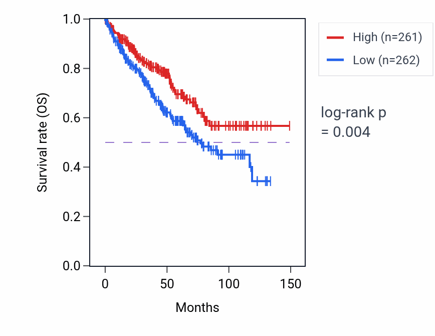 Kaplan&ndash;Meier survival curve for Neuron-neuron synaptic transmission pathway activity in KIRC: high vs low activity groups.